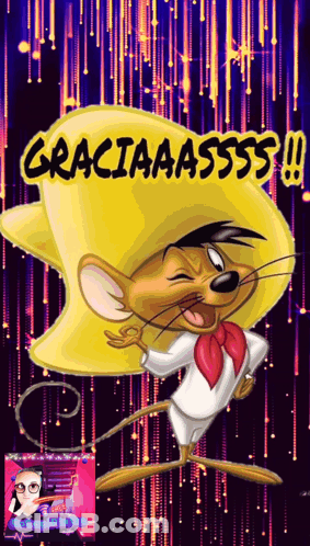 A Cartoon Mouse Wearing A Sombrero And A Red Scarf Says Gracias GIF