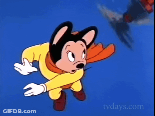 A Cartoon Mouse Wearing A Yellow Cape And Gloves Is Flying Through The Air GIF