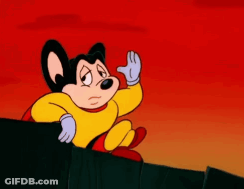 A Cartoon Mouse Wearing A Yellow Superhero Costume Is Standing On A Ledge . GIF