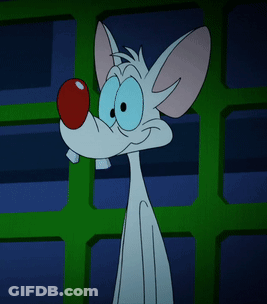 A Cartoon Mouse With A Red Nose And Blue Eyes Is Behind A Green Fence GIF