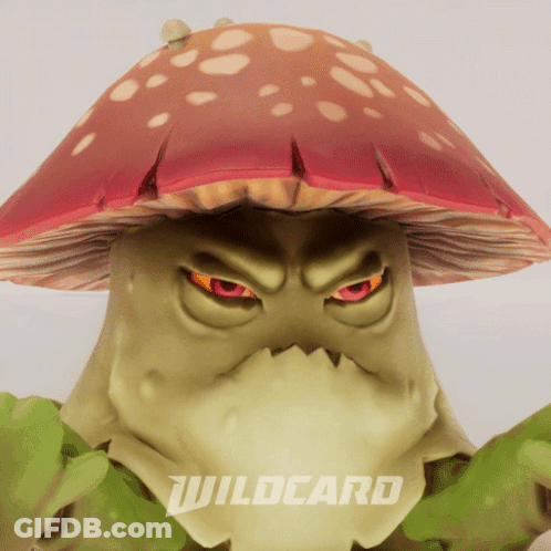 A Cartoon Mushroom With Red Eyes And The Word Wildcard On The Bottom Right GIF