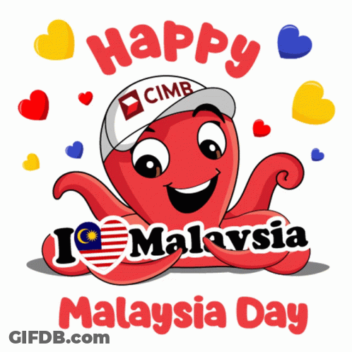 A Cartoon Octopus Wearing A Cimb Hat Says Happy I Malaysia Day GIF