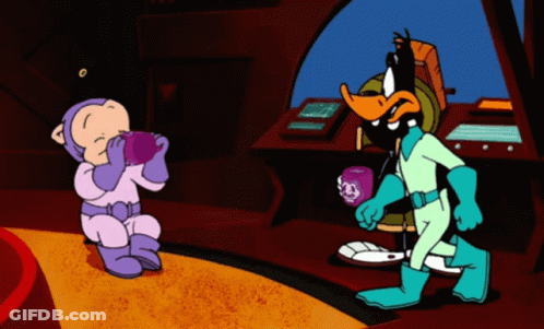 A Cartoon Of A Baby And A Duck Drinking From A Purple Cup GIF