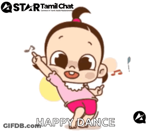 A Cartoon Of A Baby Girl Dancing With The Words Happy Dance Written Below Her . GIF