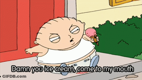 A Cartoon Of A Baby Holding An Ice Cream Cone With The Words " Damn You Ice Cream Come To My Mouth " GIF