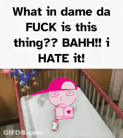 A Cartoon Of A Baby In A Crib With The Words What In Dame Da Fuck Is This Thing GIF