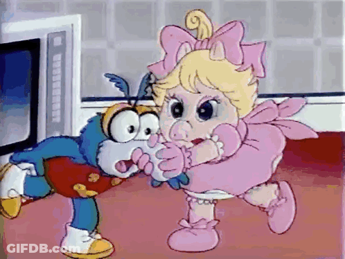 A Cartoon Of A Baby In A Pink Dress Holding A Blue Bug GIF