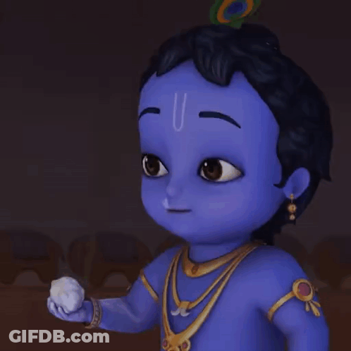 A Cartoon Of A Baby Krishna With A Peacock Feather On His Head GIF