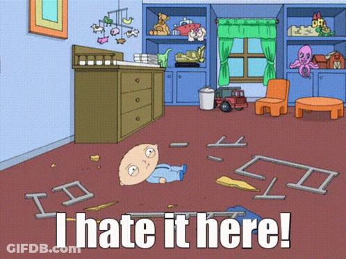 A Cartoon Of A Baby Laying On The Floor And The Words I Hate It Here GIF
