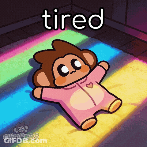 A Cartoon Of A Baby Monkey Laying On A Rainbow Rug With The Word Tired Above Him GIF