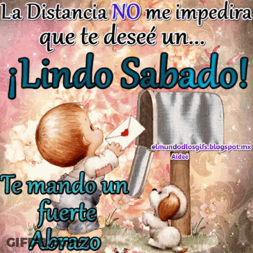 A Cartoon Of A Baby Sending A Letter To A Mailbox With The Words Lindo Sabado GIF