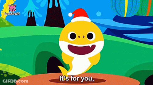 A Cartoon Of A Baby Shark Wearing A Santa Hat With The Words It 'S For You Below It GIF