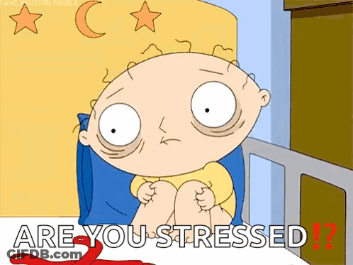 A Cartoon Of A Baby Sitting In A Bed With The Words Are You Stressed GIF