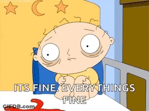 A Cartoon Of A Baby Sitting In A Bed With The Words " It 'S Fine Everything 'S Fine " GIF