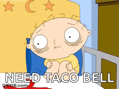 A Cartoon Of A Baby Sitting In A Bed With The Words Need Taco Bell Below Him GIF
