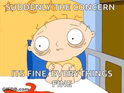 A Cartoon Of A Baby Sitting In A Bed With The Words " Suddenly The Concern It 'S Fine Everythings Fine " GIF