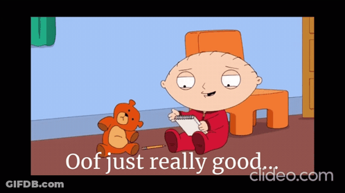 A Cartoon Of A Baby Sitting Next To A Teddy Bear With The Words Oof Just Really Good GIF