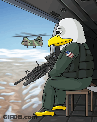 A Cartoon Of A Bald Eagle Holding A Rifle GIF