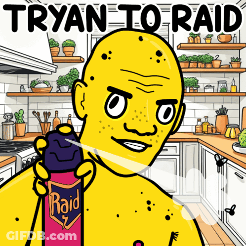 A Cartoon Of A Bald Man Holding A Raid Spray Can GIF