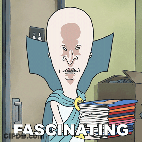 A Cartoon Of A Bald Man Holding A Stack Of Cds With The Word Fascinating Below Him GIF