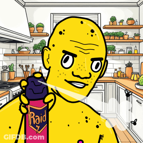 A Cartoon Of A Bald Man Spraying Raid On Himself GIF