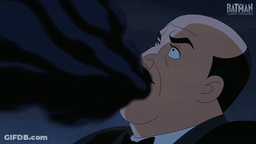 A Cartoon Of A Bald Man With A Batman Logo On The Bottom GIF