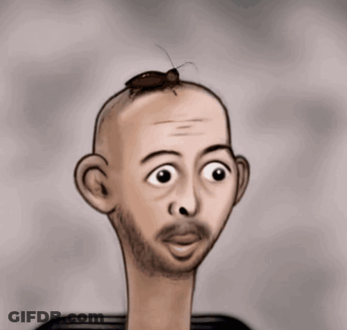 A Cartoon Of A Bald Man With A Cockroach On Top Of His Head GIF