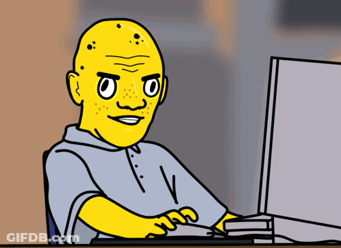 A Cartoon Of A Bald Man With A Yellow Face Sitting In Front Of A Computer GIF