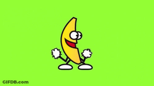 A Cartoon Of A Banana With Arms And Legs Is Dancing On A Green Background . GIF