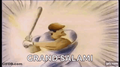 A Cartoon Of A Baseball Player Holding A Bat With The Words `` Grand Salami '' Written Below Him . GIF