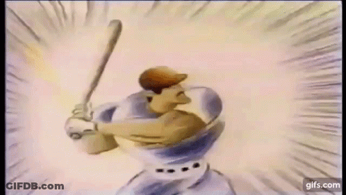 A Cartoon Of A Baseball Player Swinging A Bat At A Pitch . GIF