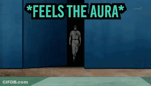 A Cartoon Of A Baseball Player Walking Through A Door That Says " Feels The Aura " GIF