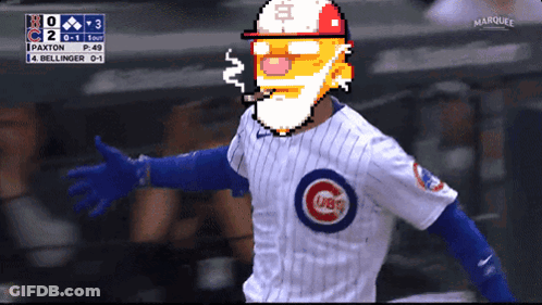 A Cartoon Of A Baseball Player Wearing A Chicago Cubs Uniform GIF