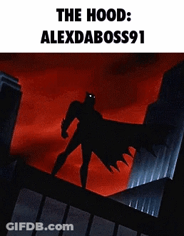A Cartoon Of A Batman Standing On Top Of A Building With The Caption The Hood : Alexdaboss91 GIF