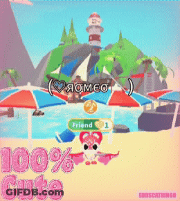 A Cartoon Of A Beach With Umbrellas And A Lighthouse And The Words 100 % Cute GIF