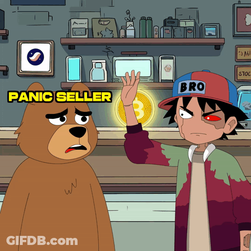 A Cartoon Of A Bear And A Boy With The Words Panic Seller On The Bottom GIF