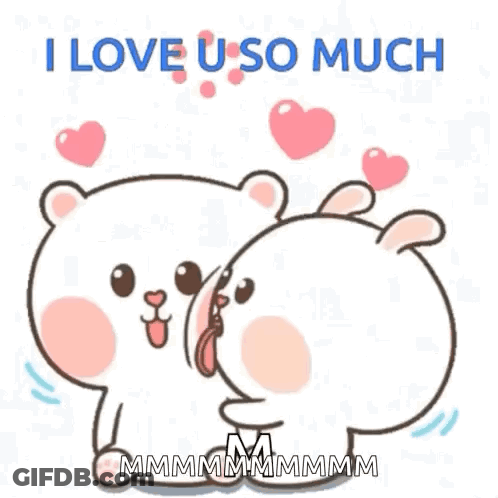 A Cartoon Of A Bear And A Rabbit Kissing Each Other With The Words `` I Love U So Much '' . GIF