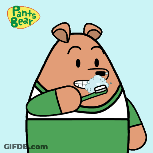 A Cartoon Of A Bear Brushing His Teeth With The Words Pants Bear Behind Him GIF