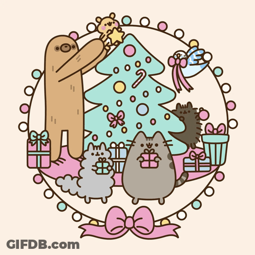 A Cartoon Of A Bear Decorating A Christmas Tree Surrounded By Cats And Gifts GIF