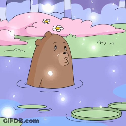 A Cartoon Of A Bear Drinking Water From A Pond With Flowers In The Background GIF