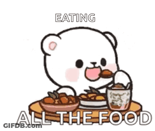 A Cartoon Of A Bear Eating All The Food With Hearts Around Him . GIF