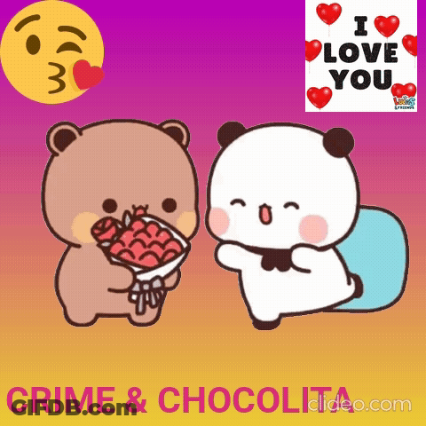 A Cartoon Of A Bear Giving A Bouquet Of Flowers To Another Bear With The Words " I Love You " On The Bottom GIF