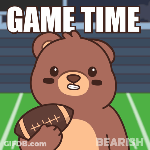 A Cartoon Of A Bear Holding A Football With The Words Game Time Above It GIF