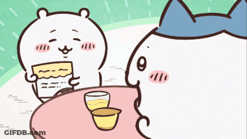 A Cartoon Of A Bear Holding A Piece Of Cake And A Cat Sitting At A Table GIF