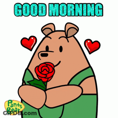 A Cartoon Of A Bear Holding A Rose With The Words Good Morning Above It GIF