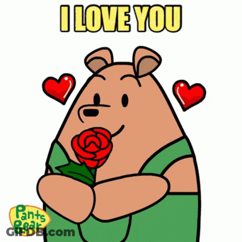 A Cartoon Of A Bear Holding A Rose With The Words I Love You Above Him GIF