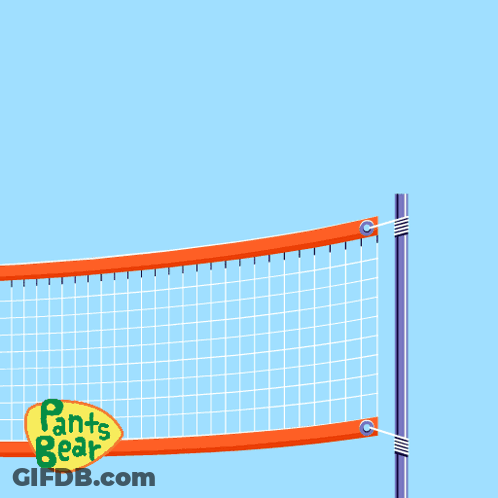 A Cartoon Of A Bear Holding A Volleyball With Pants Bear Written On The Net GIF