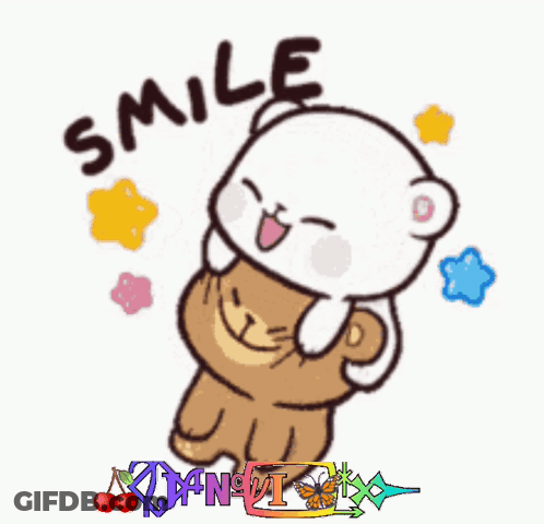 A Cartoon Of A Bear Holding Another Bear With The Words Smile Written Above It GIF
