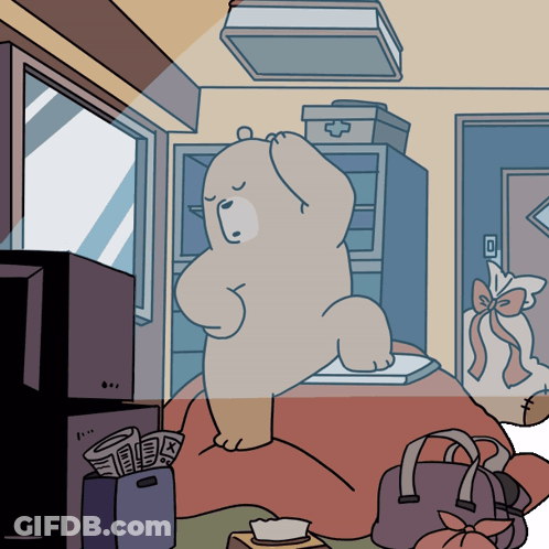 A Cartoon Of A Bear In A Messy Room GIF