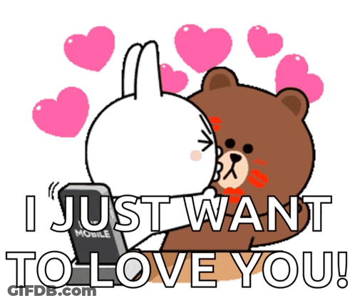 A Cartoon Of A Bear Kissing A Bunny With The Words I Just Want To Love You GIF
